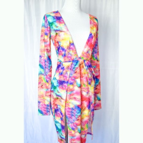 Sexy Neon Tie Dye Bikini Romper Long Sleeve Dress - Picture 4 of 8